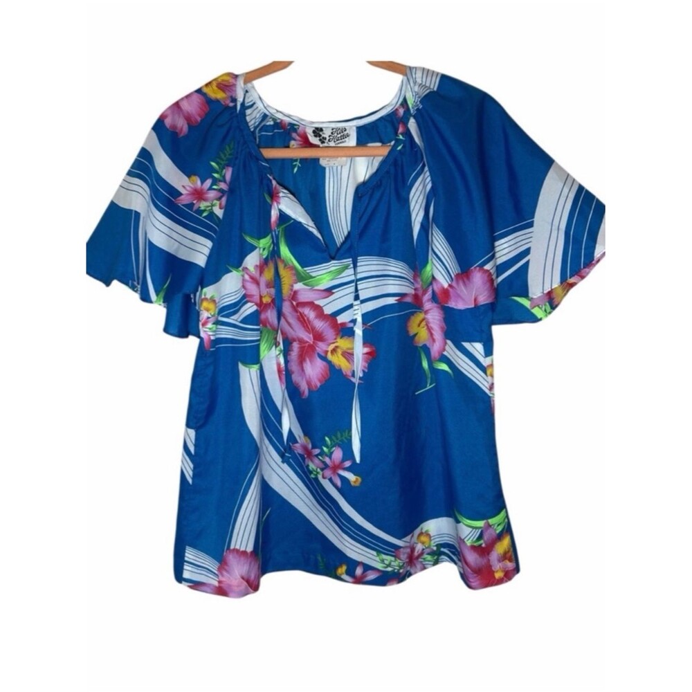 HILO HATTIE Vintage Blue Tropical Floral Print Short Flutter Sleeve Top M
